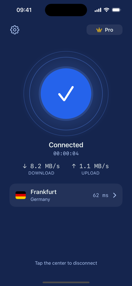 MeegoVPN app connected on iPhone